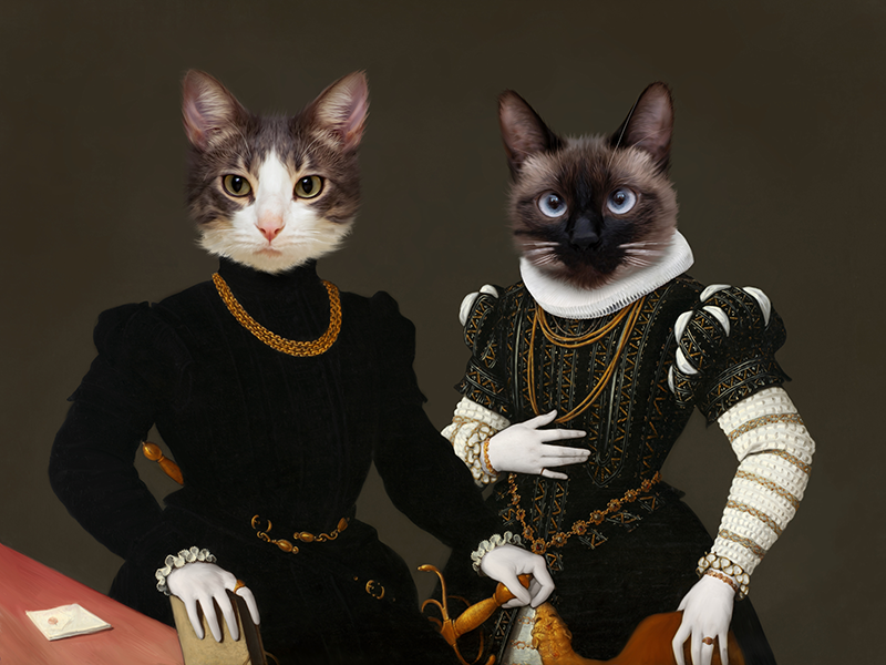 Two cats, one tabby and one Siamese, dressed in Renaissance-style clothing, posing against a dark backdrop.