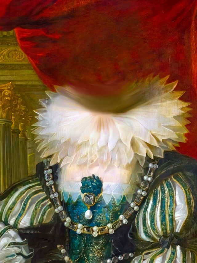 Woman in ornate dress with ruffled collar and jewels.