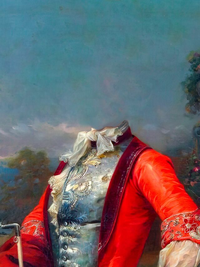 A headless figure in a red coat and ornate vest, set against a blurred landscape and sky.