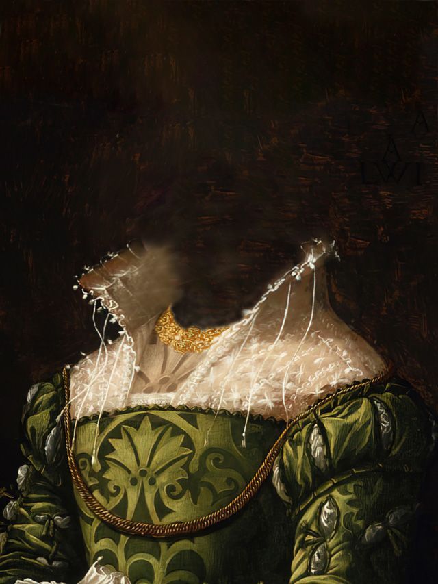 Green dress with intricate patterns, white lace collar, and gold necklace against a dark background.