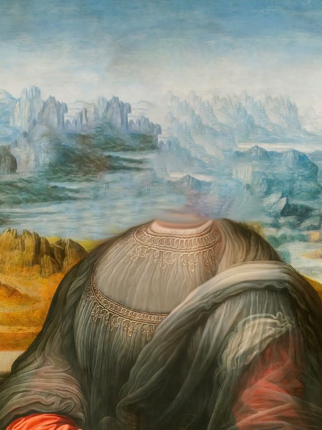 An imagined figure with the head replaced by a mountain, sky, and landscape.