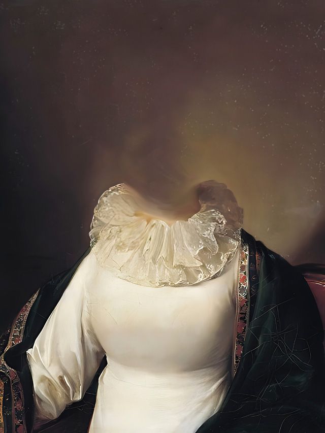 Woman in white dress and ruffled collar, wearing a dark green shawl.