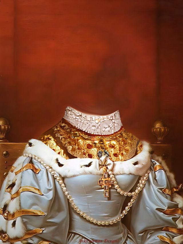 Formal attire, ornate gold collar and jeweled cross pendant, light blue dress, pearl necklace, no head.