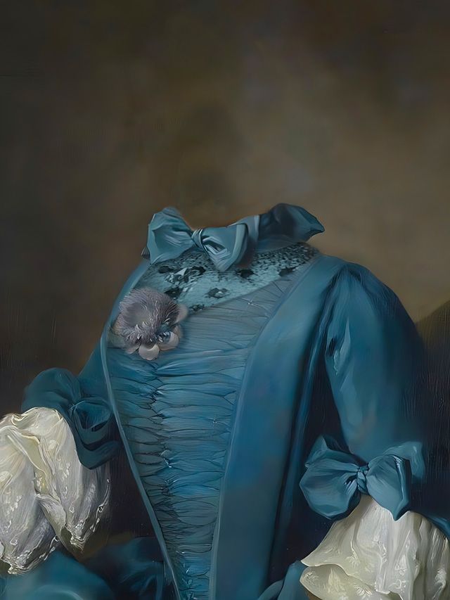 Blue gown with bow accents and ruffled sleeves.