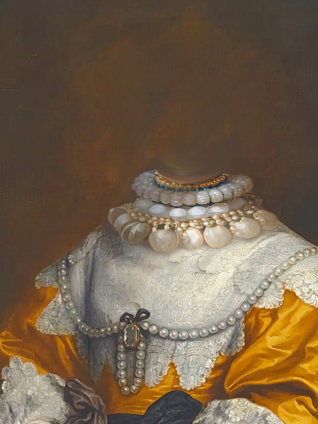 Detail of a historical portrait: yellow dress with white lace collar and pearl necklace.