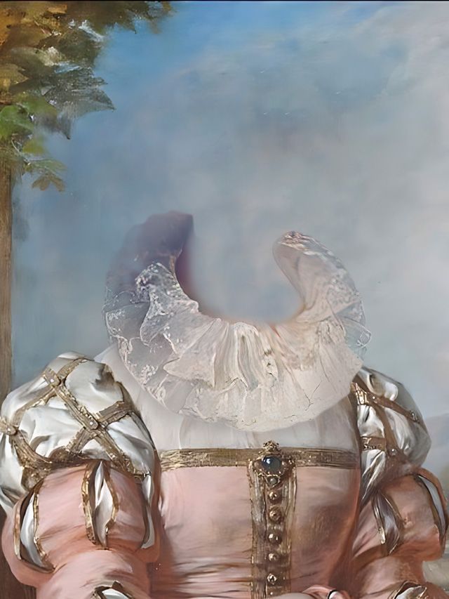 Pink and white dress with a ruffled collar, against a painted blue sky and trees background.