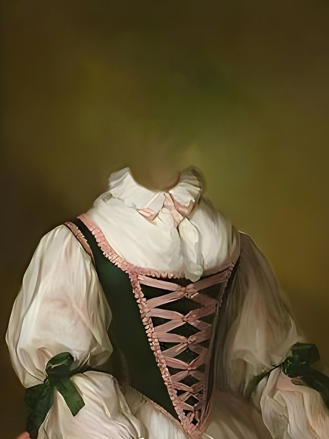White and pink dress with a green bodice and ribbons against a yellow-green background.