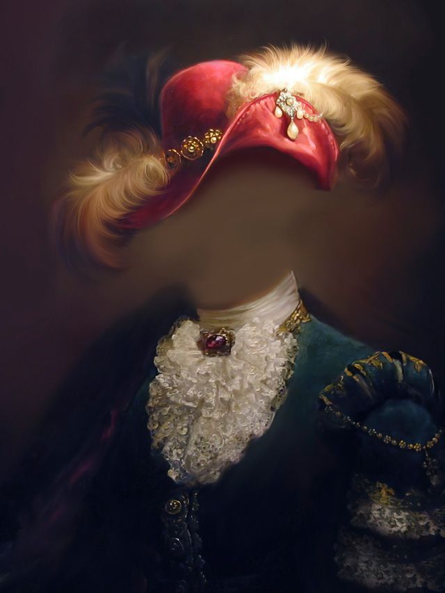 A person in period clothing with a red hat adorned with feathers and jewels.