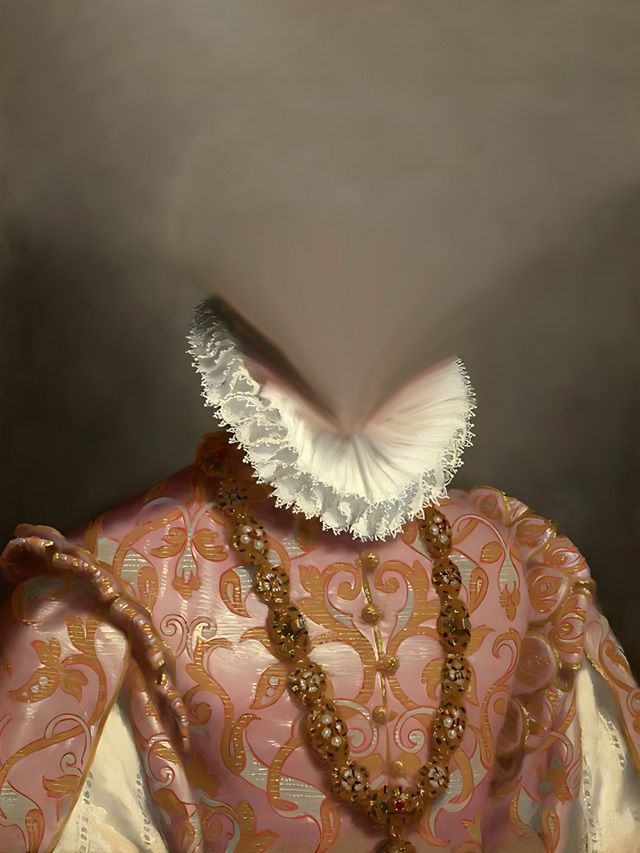 Formal pink and gold garment with white ruff collar, no face.