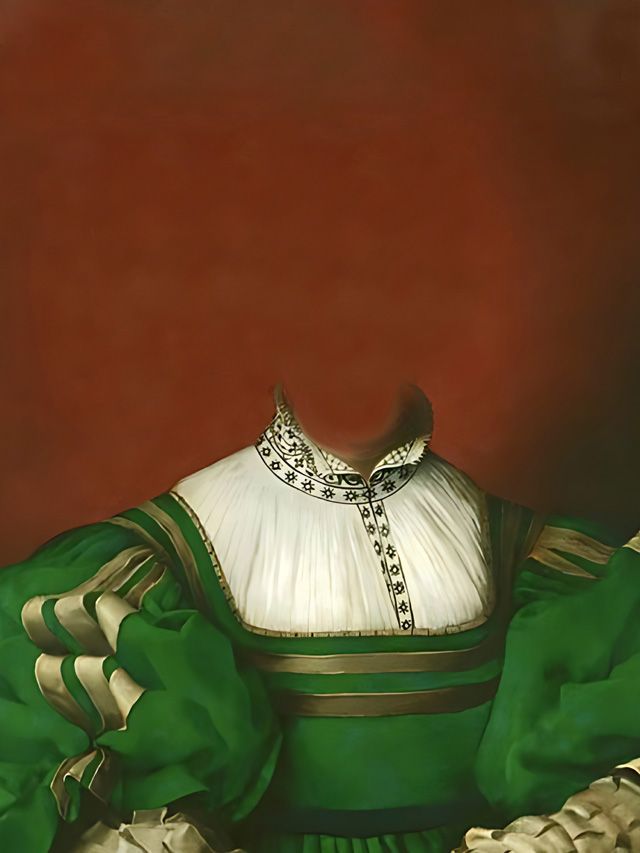 Green and white Renaissance dress with a decorative collar; red background.