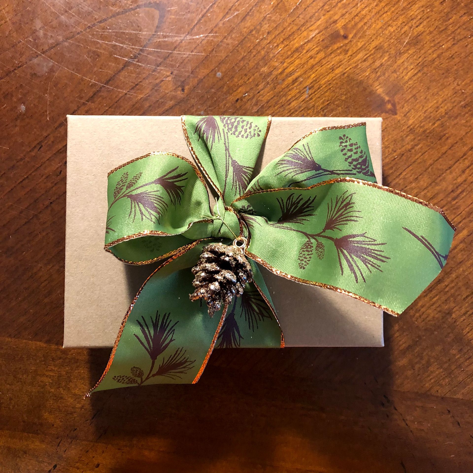 Gift box wrapped in brown paper with a green and brown pine-themed bow and pine cone.