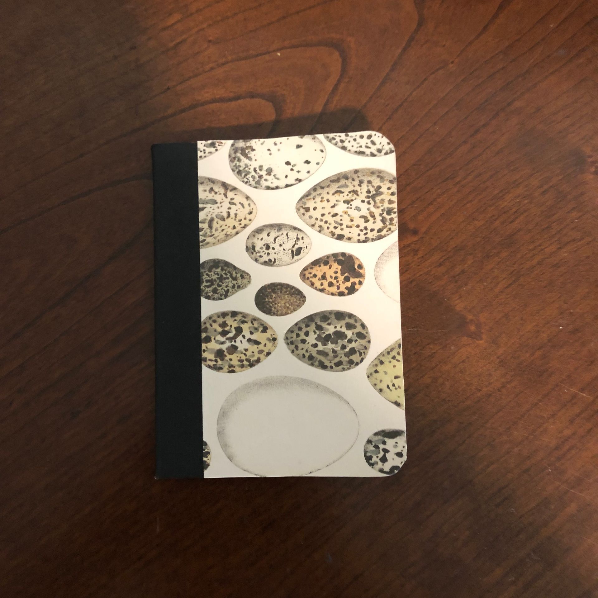 Small notebook with egg pattern cover on a wooden surface.
