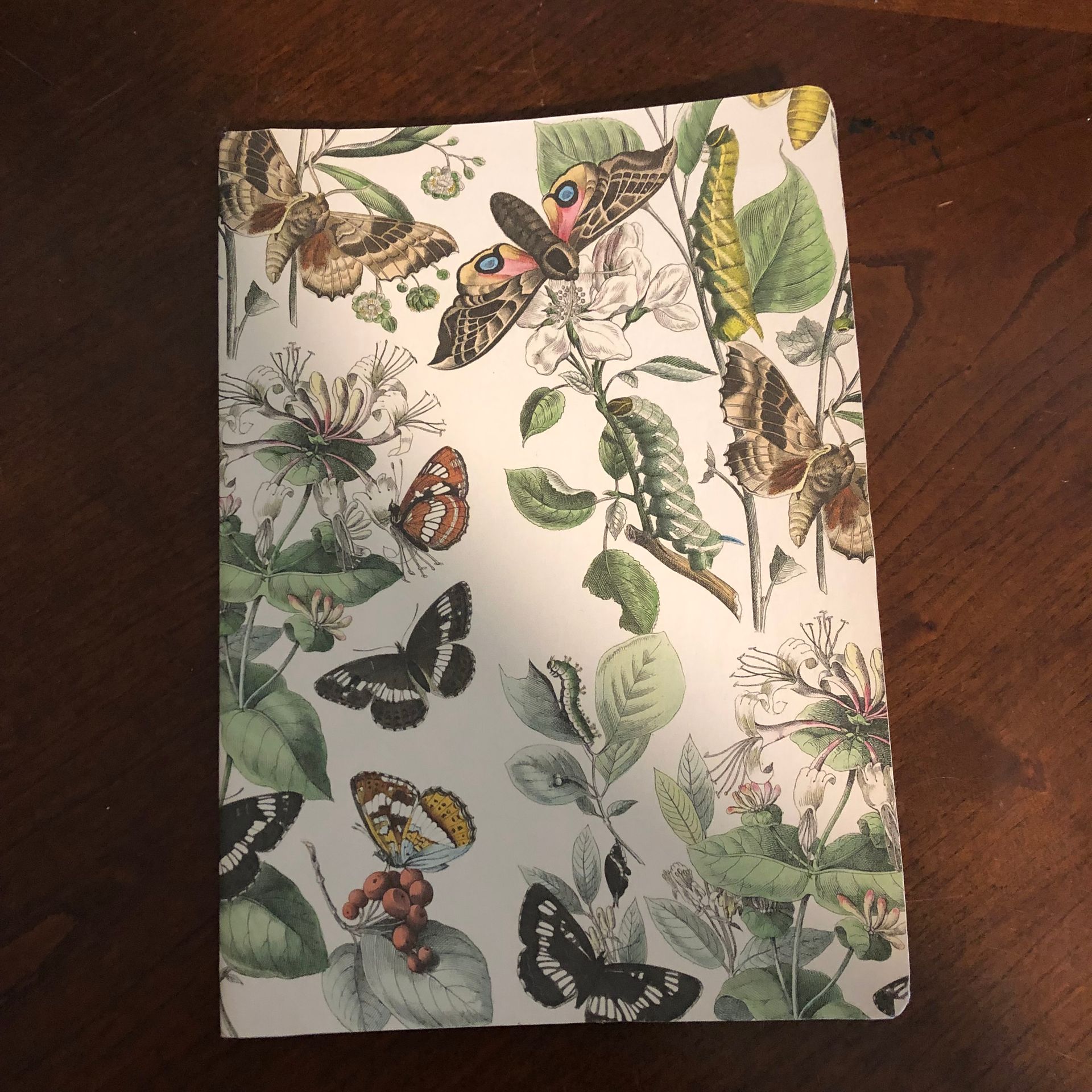 Butterfly-themed journal on a wooden table. Butterflies and plants in a colorful vintage illustration.