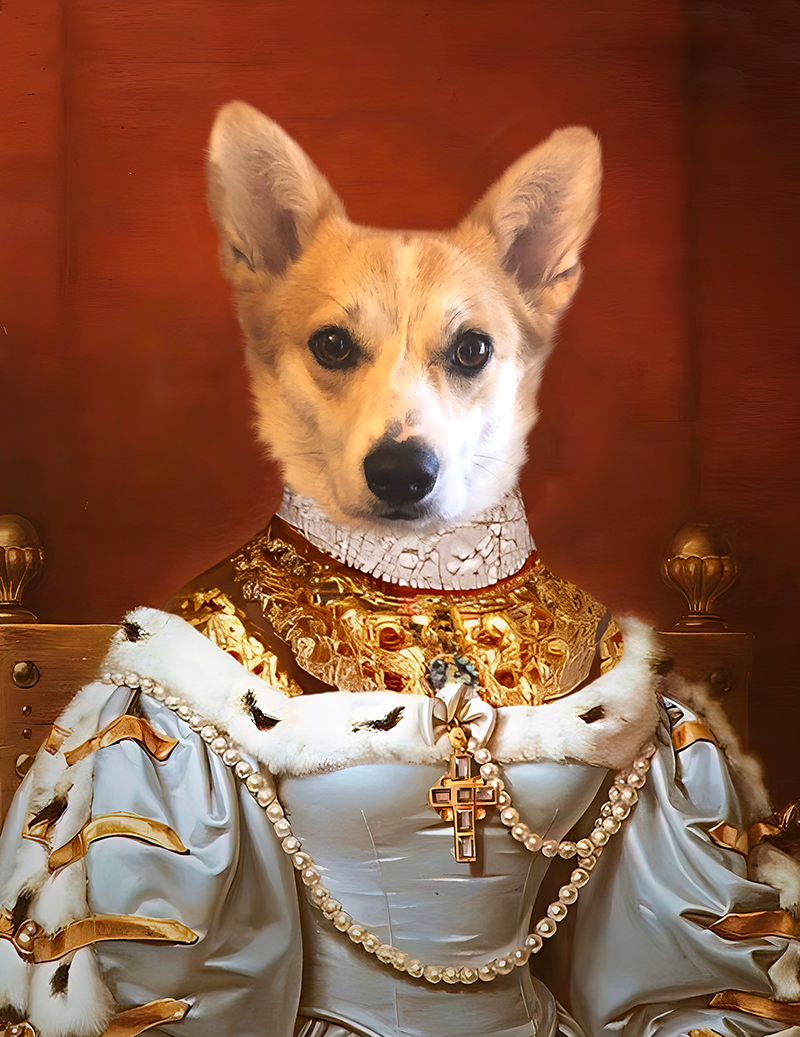Dog in regal clothing, resembling a queen, seated on a throne against a red backdrop.