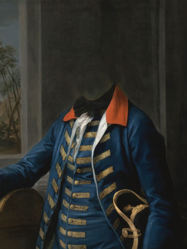 Blue jacketed figure, no head, orange collar, gold trim, holding a hat. Background shows a landscape.