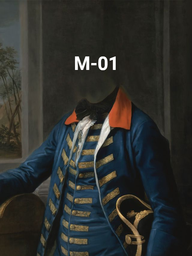 Corgi dog portrait wearing a red military jacket with gold trim and a medal.