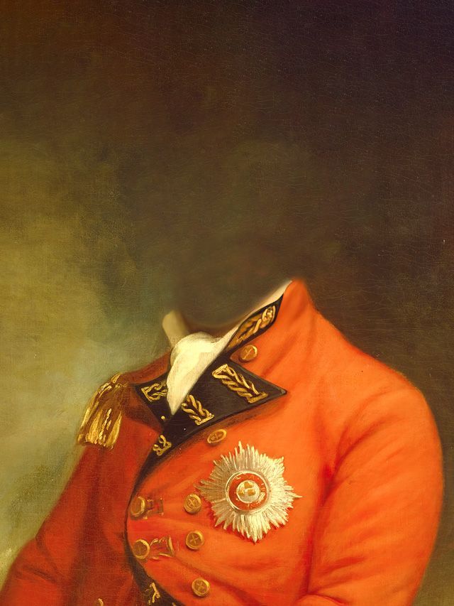 Red military jacket with gold trim and decorations, no head.