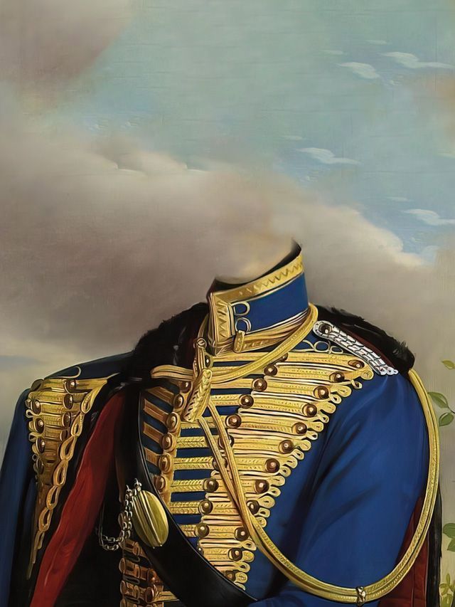 Blue military uniform with gold trim and no head against a cloudy sky.