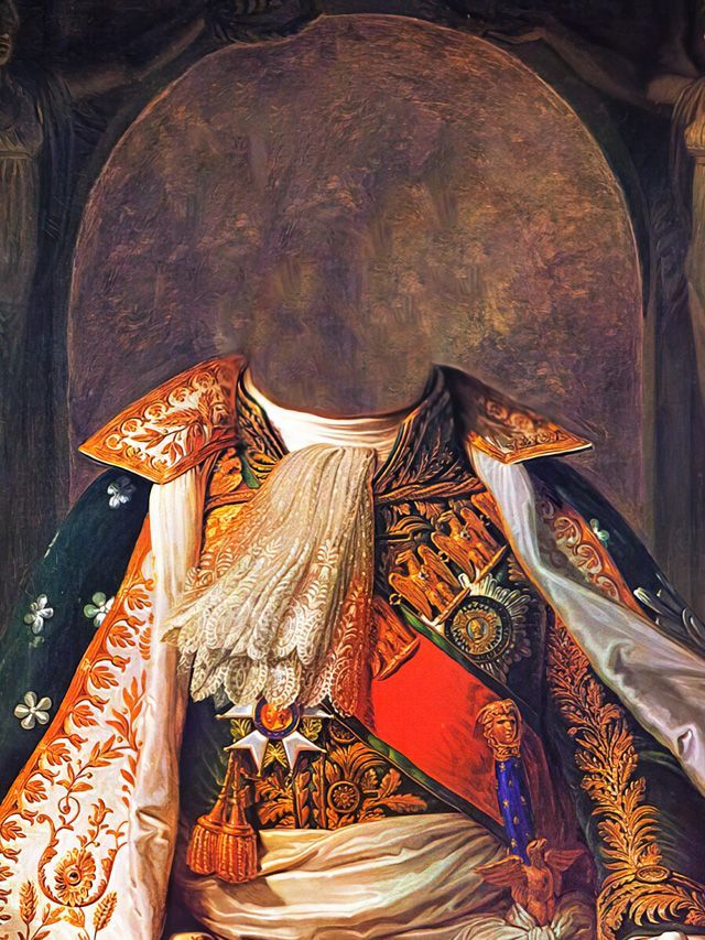 Ornate robe and sash, possibly royal attire, set against an arched background.