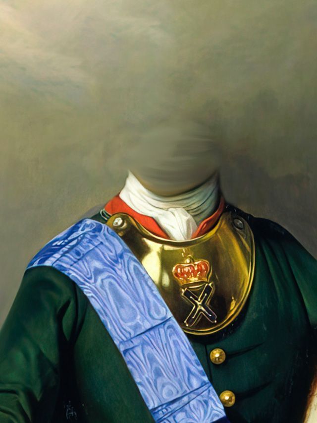 Green uniform with gold breastplate and blue sash; no face.