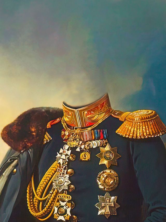 Close-up of a military uniform with many medals and decorations; missing head against a blue sky.