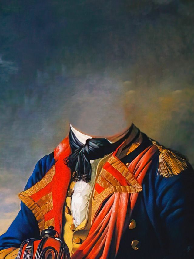 Uniform of a high-ranking officer in blue coat, red facing, gold trim, and black neck cloth; faceless against a cloudy sky.