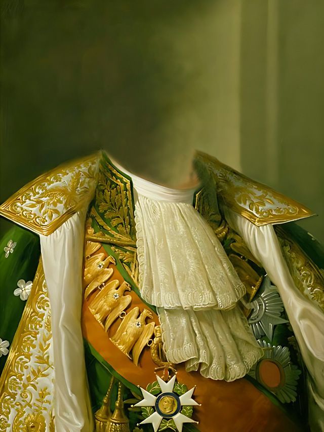 Elegant green and gold formal military attire with ornate white ruffled collar and sash.