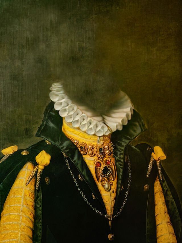 Portrait of a person with a missing head wearing a ruffled collar, ornate jewelry, and black cloak with yellow accents.