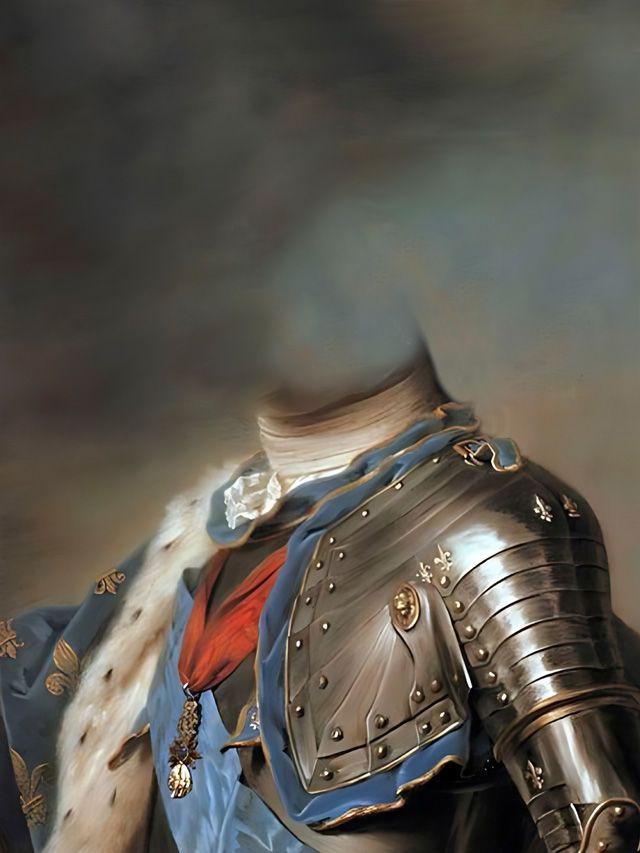 Ornate armor and blue cloak. Portrait of a noble person with no visible head.