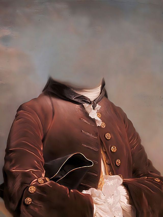 Man in formal dark red jacket with gold buttons, white ruffled shirt and cravat, against a cloudy backdrop.