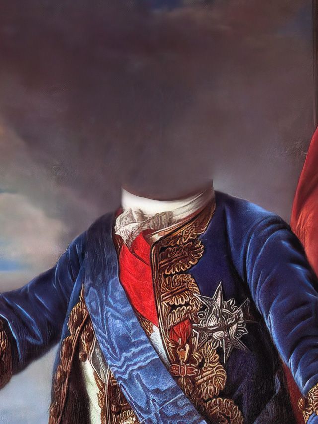 Royal figure in blue coat, red sash, and ornate decorations; sky background.