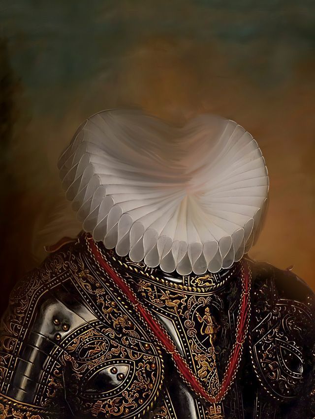 Close-up of ornate armor and white, ruffled collar; red beaded necklace.