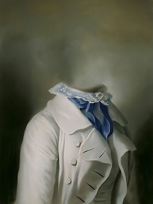 White coat and blue ribbon against a hazy background, neckwear suggesting an 18th-century painting.