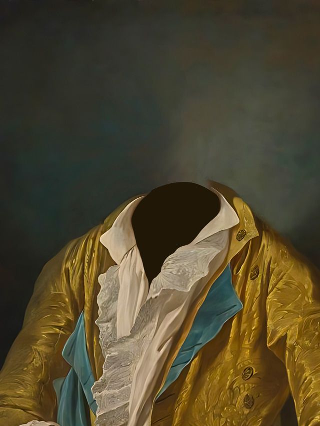 Yellow jacket, blue vest, and frilled white shirt worn by a faceless figure against a dark background.