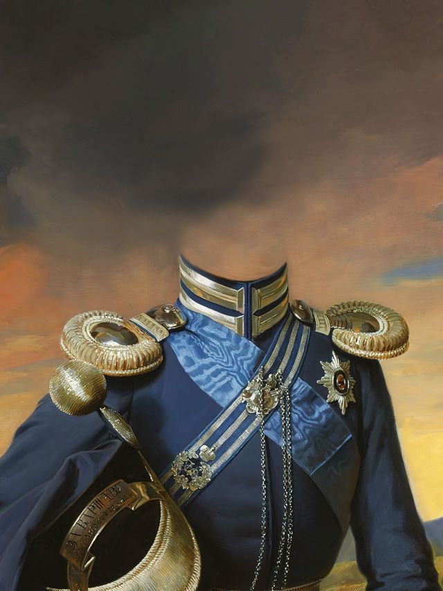 Military uniform detail; blue coat, gold epaulettes, neck collar, and a hat.