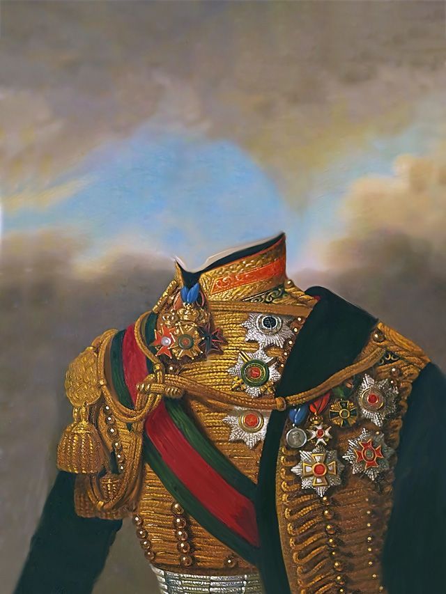Ornate military uniform with gold trim, medals, and a red sash against a cloudy sky.