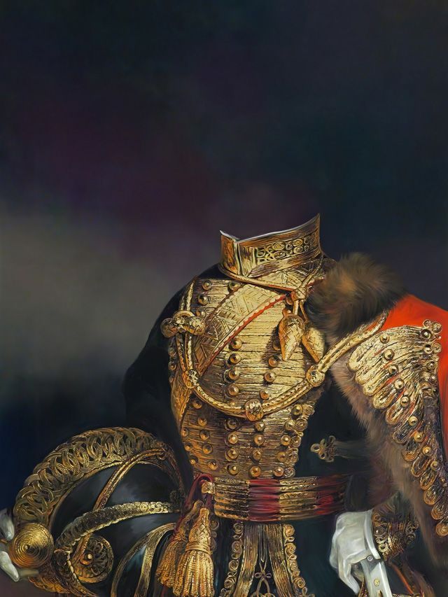 An ornate gold military uniform with a headless torso, holding a helmet. Red cape with fur trim.