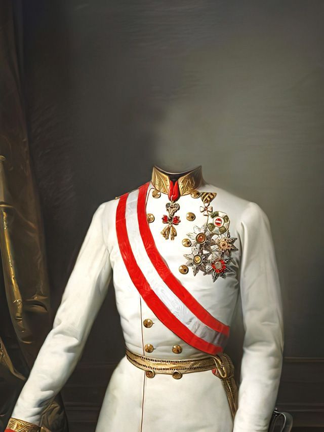 White uniform with red sash, gold trim, and medals, likely an official or military portrait.