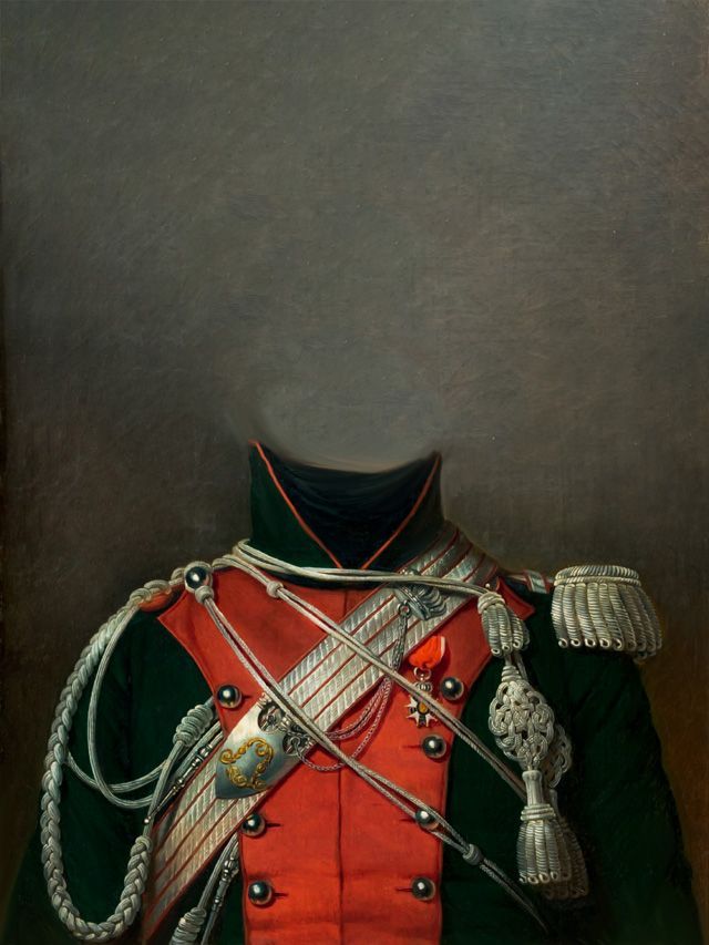 Green military jacket with red accents, ornate shoulder epaulettes, and a faceless head.