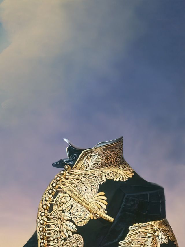 Black and gold embroidered jacket against a blue and purple sky background.