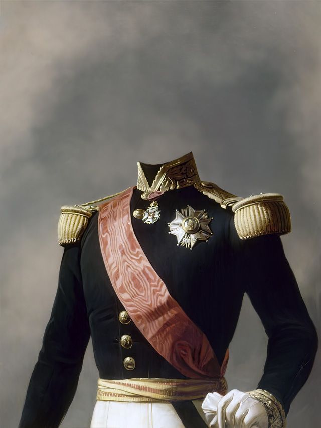 Formal military uniform with gold epaulettes, sash, and medals. Black coat, white gloves.