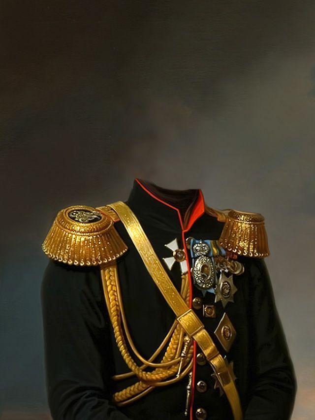 Black military uniform with gold epaulets, aiguillettes, and medals, set against a dark background.