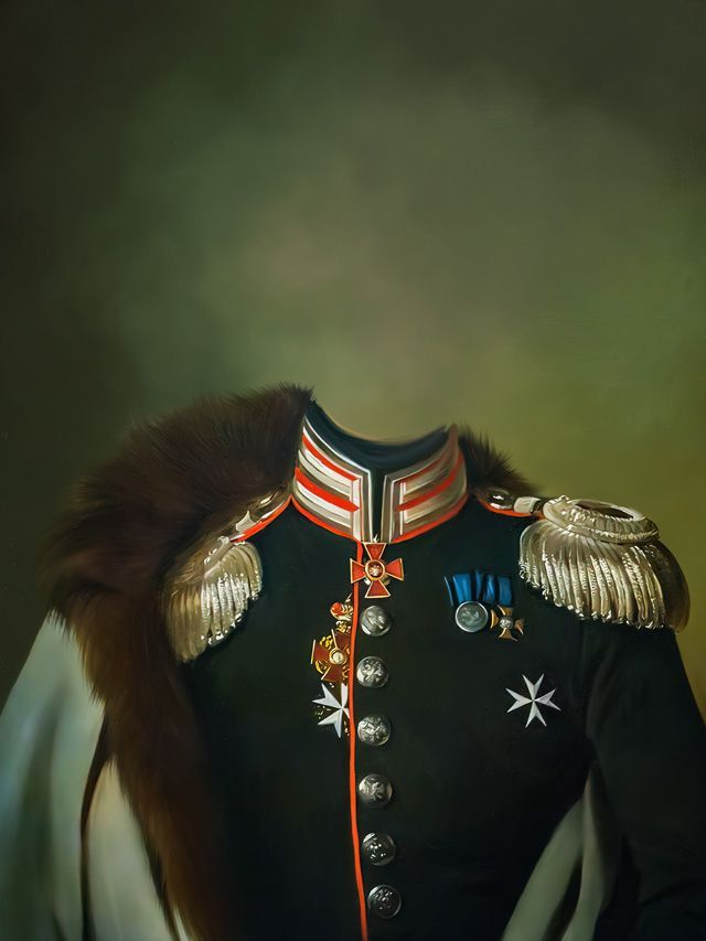 Military uniform: Black jacket with ornate collar, epaulets, and medals; fur collar and white cape; no head visible.