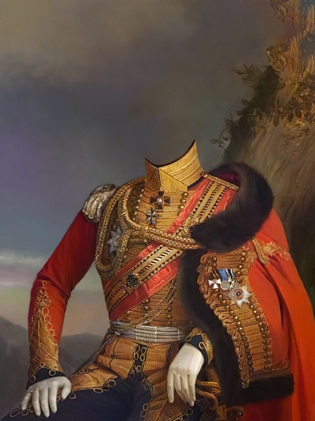 An ornate military uniform, red and gold, with no head. A fur-trimmed cape is draped over the shoulder.