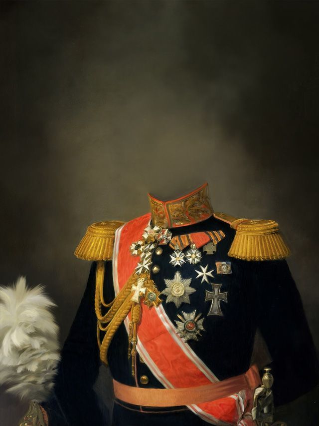 Military uniform with multiple medals and awards, gold epaulets, and red sash.