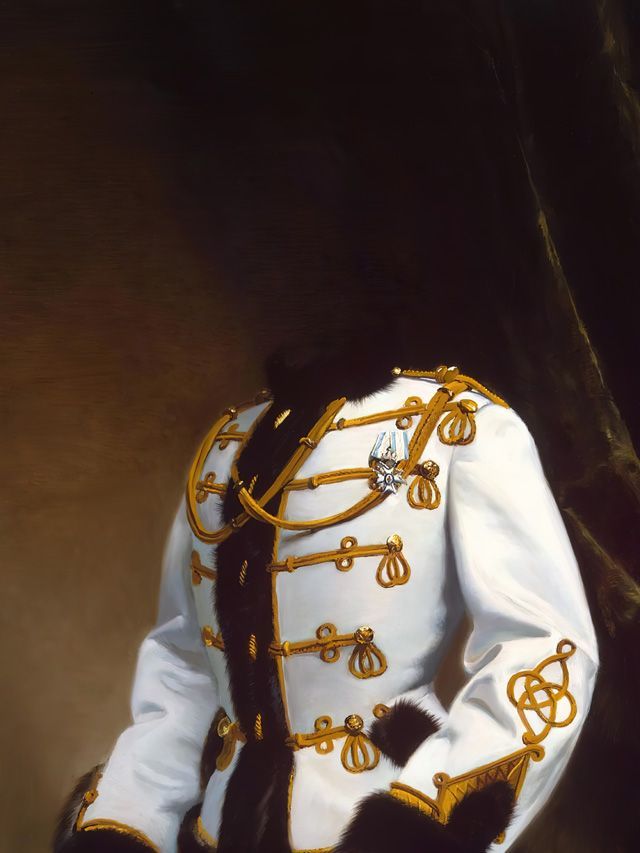 White military jacket with gold trim and fur lining; no head visible.