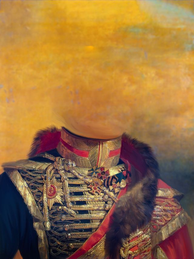 Formal military uniform with elaborate gold and red trim. Against a golden backdrop, no head is visible.