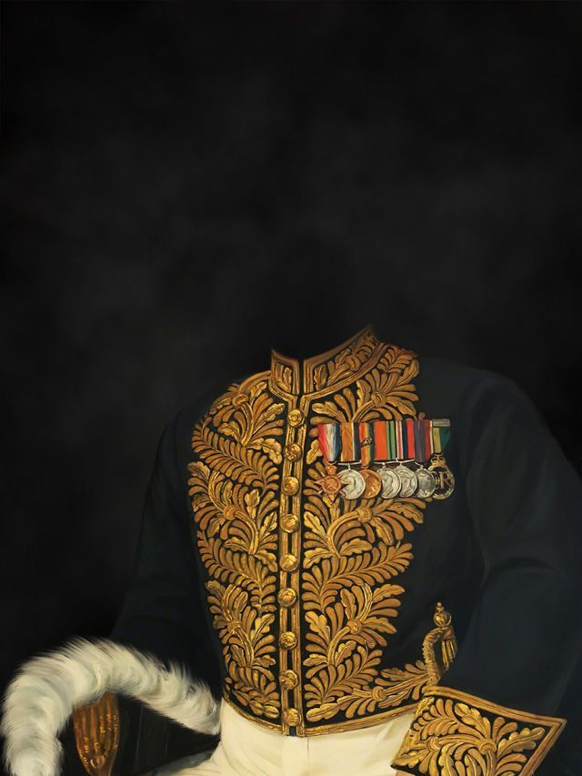 Navy jacket with gold embroidery and medals. White fur collar and a partially visible sword.