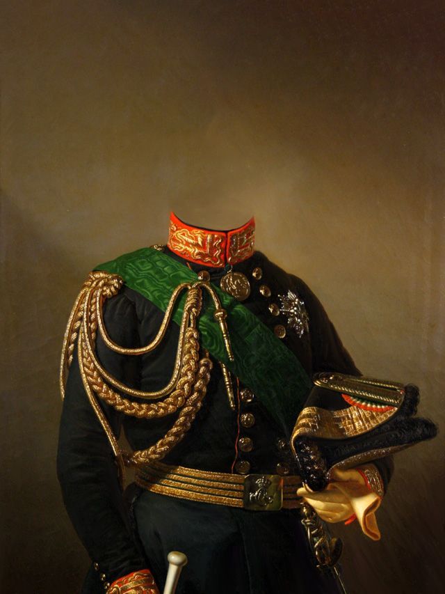 Formal military uniform with green sash, gold embellishments, and cap.