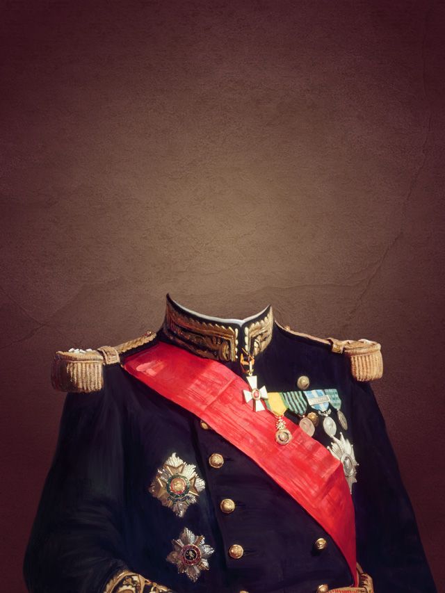 Formal military uniform with gold trim, red sash, and medals, against a brown background.